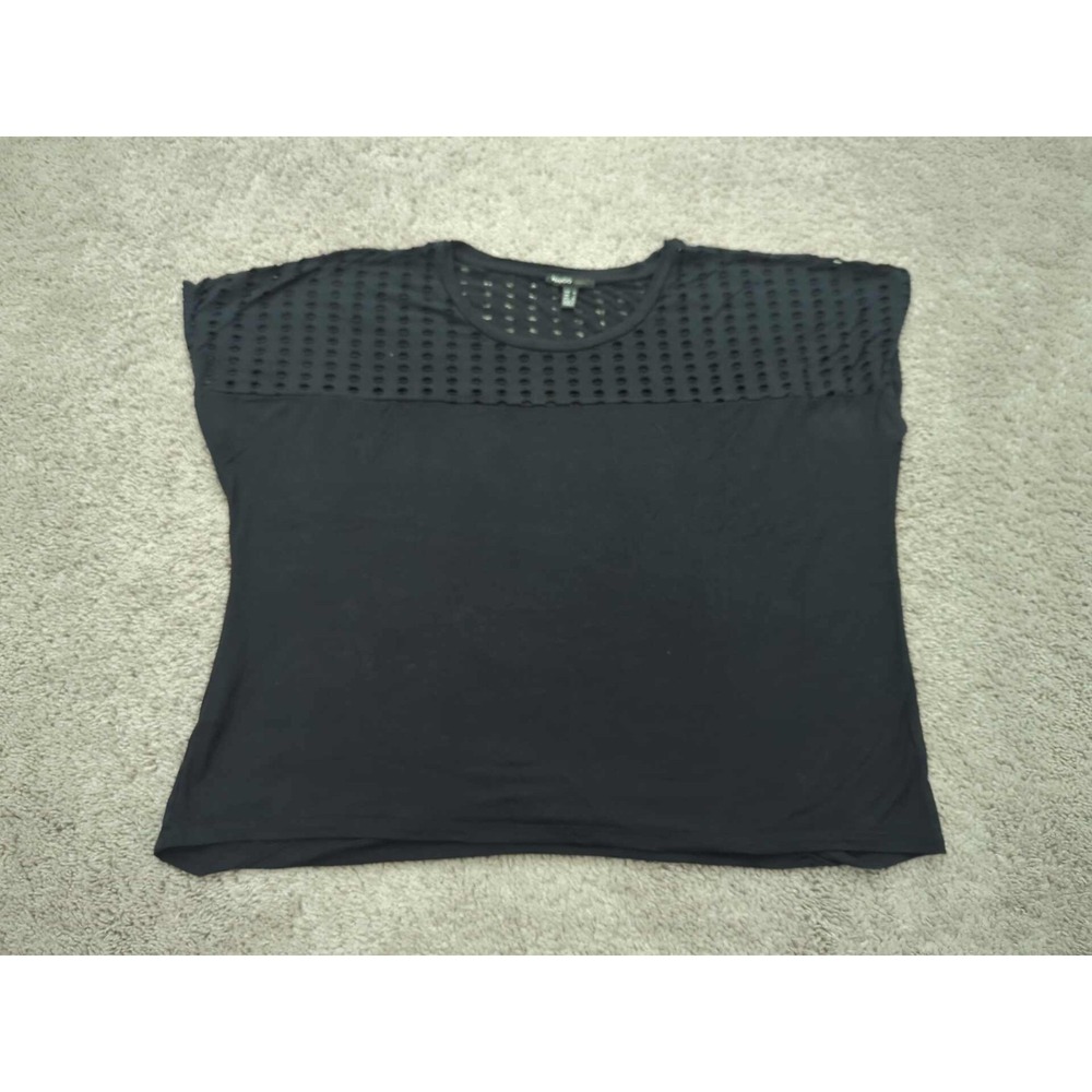 Mango Top Womens Large Black Short Sleeve Perforated Viscose Casual